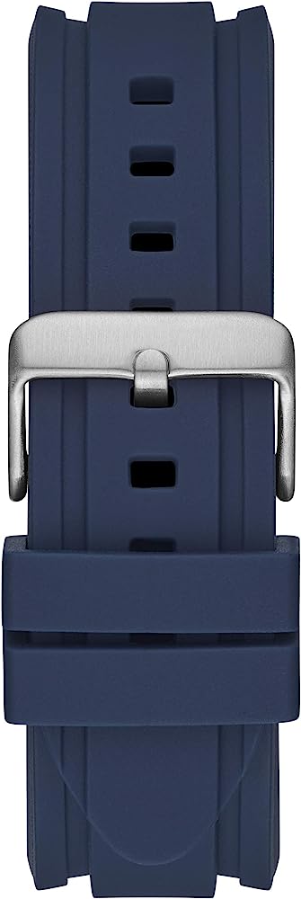 Blue silicone strap with buckle and grooved texture detail on Guess Commander watch