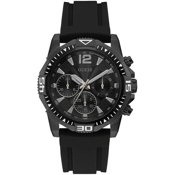 Guess Commander black chronograph men's watch with black dial and black silicone strap