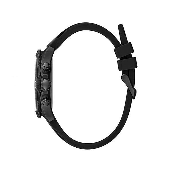 Guess Commander watch shown from side profile on black silicone strap