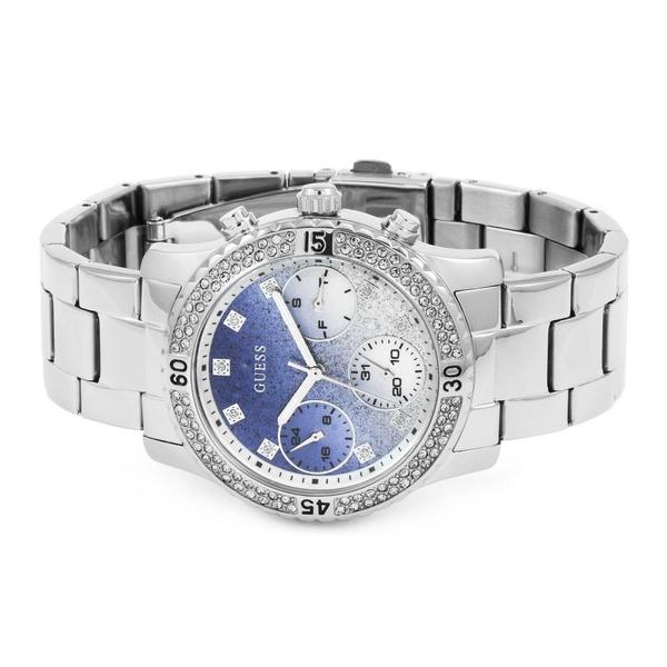 Guess W0774L6 watch at angle showing crystal-studded bezel and glitter dial