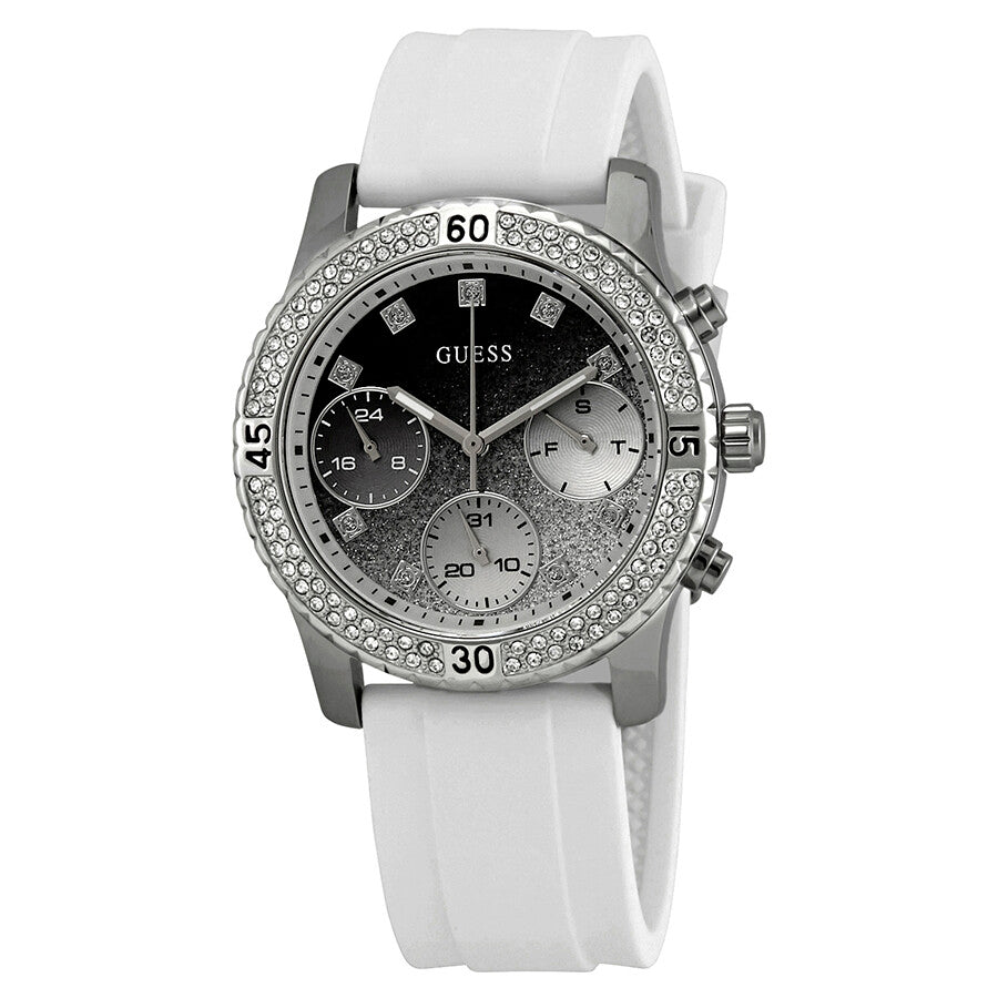 Guess Confetti Crystal women's chronograph watch with black and white confetti dial and white silicone strap