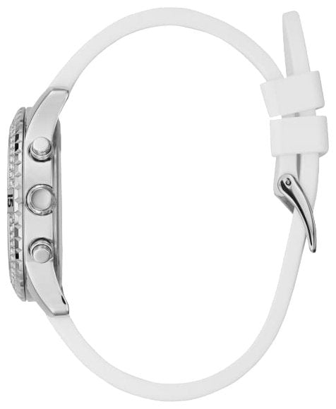 Side view of Guess Confetti Crystal watch showing white silicone strap and chronograph pushers
