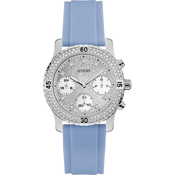 Guess Confetti Crystal women's chronograph watch angled view showing crystal bezel and blue strap