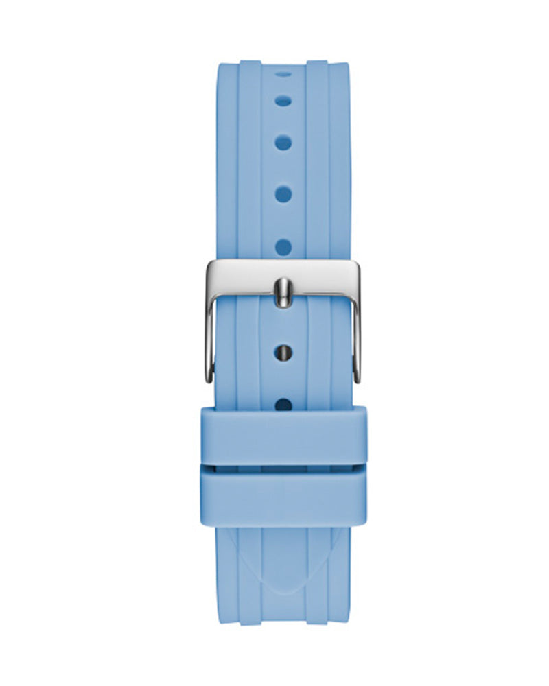 Guess Confetti Crystal women's watch blue rubber strap with silver buckle and clasp detail