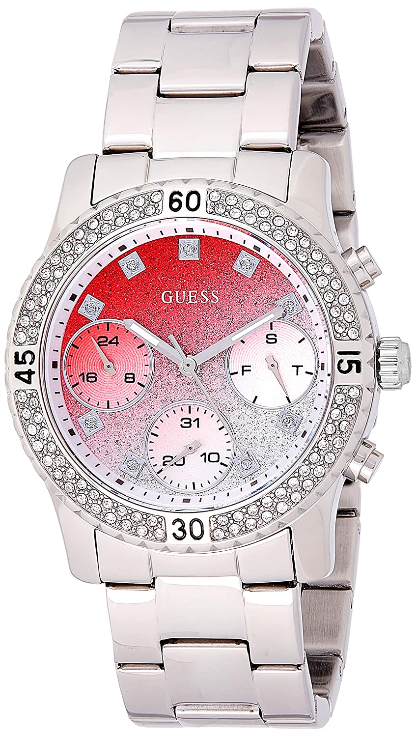 Guess Confetti red dial chronograph watch with crystal bezel and stainless steel bracelet