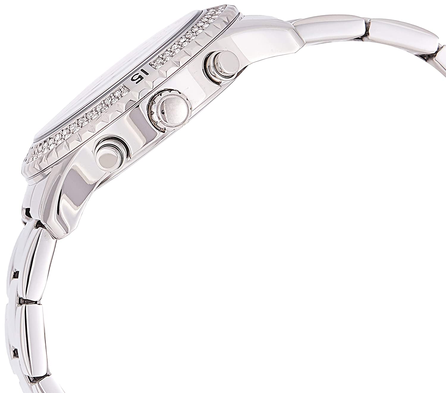 Side view of Guess watch showing crystal-set bezel, pushers, and stainless steel band
