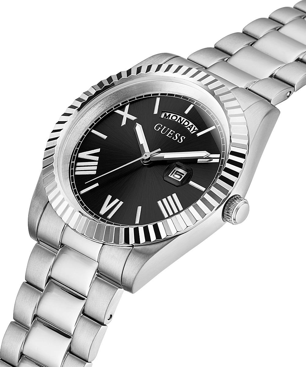 Guess Connoisseur watch angled view showing silver bracelet and black dial