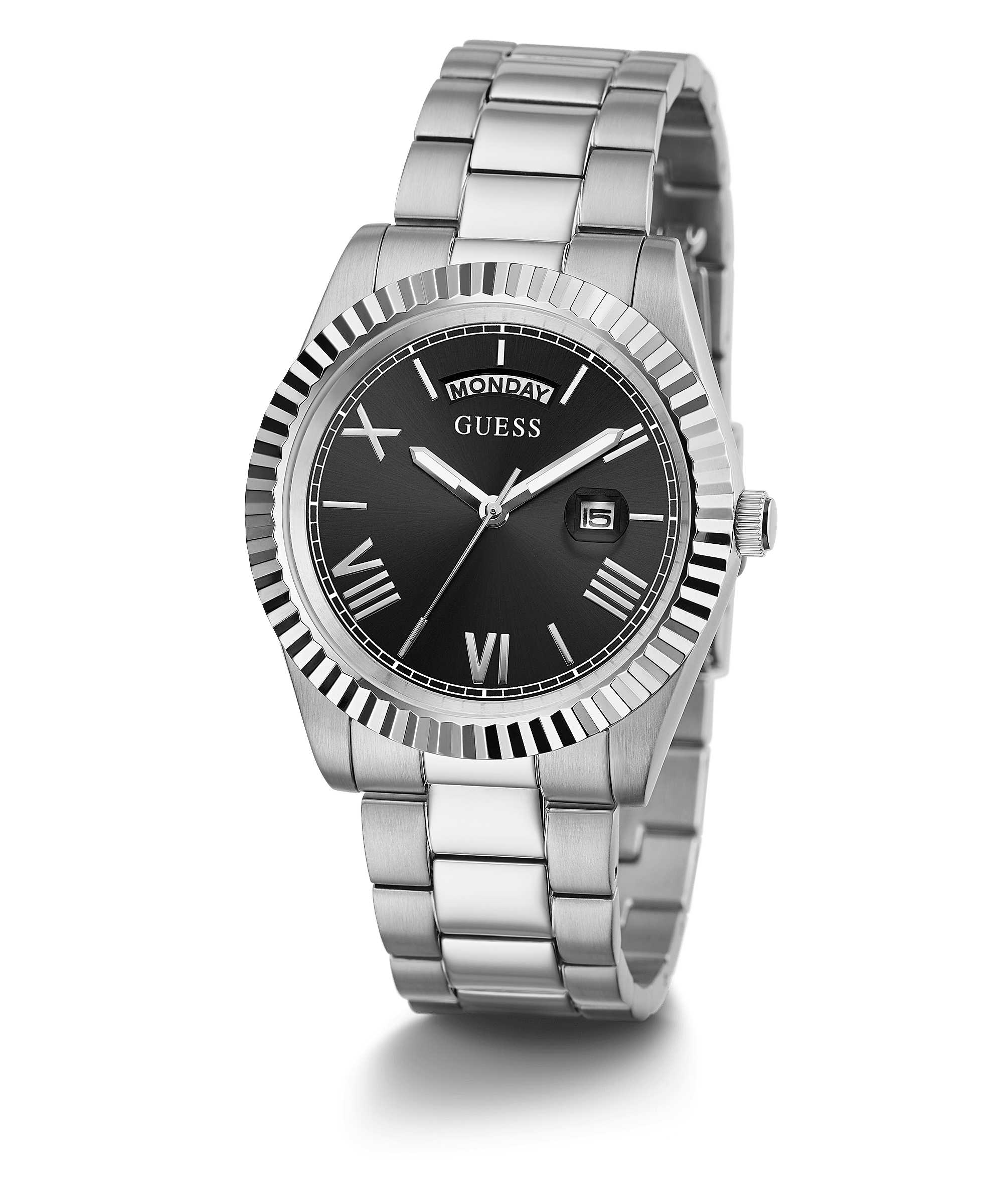 Guess Connoisseur silver tone watch with black dial and Roman numerals
