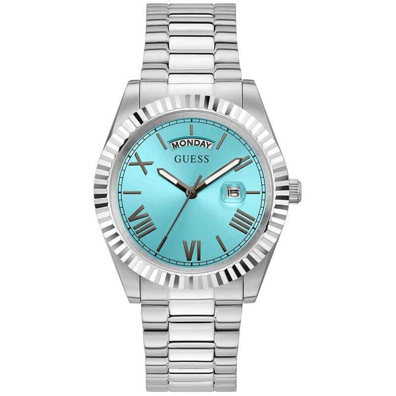 Guess Connoisseur men's watch with turquoise dial, silver steel strap, fluted bezel, and day-date window