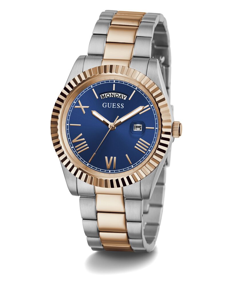 Guess Connoisseur watch angle view showing blue dial and silver/rose gold band
