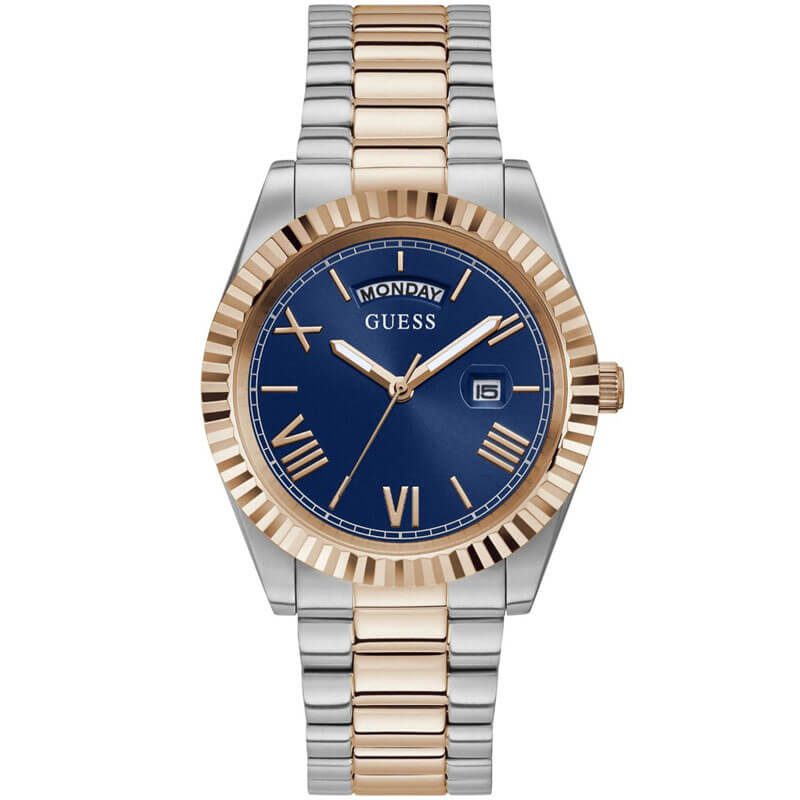 Guess Connoisseur blue dial men's watch with day/date, two-tone bracelet