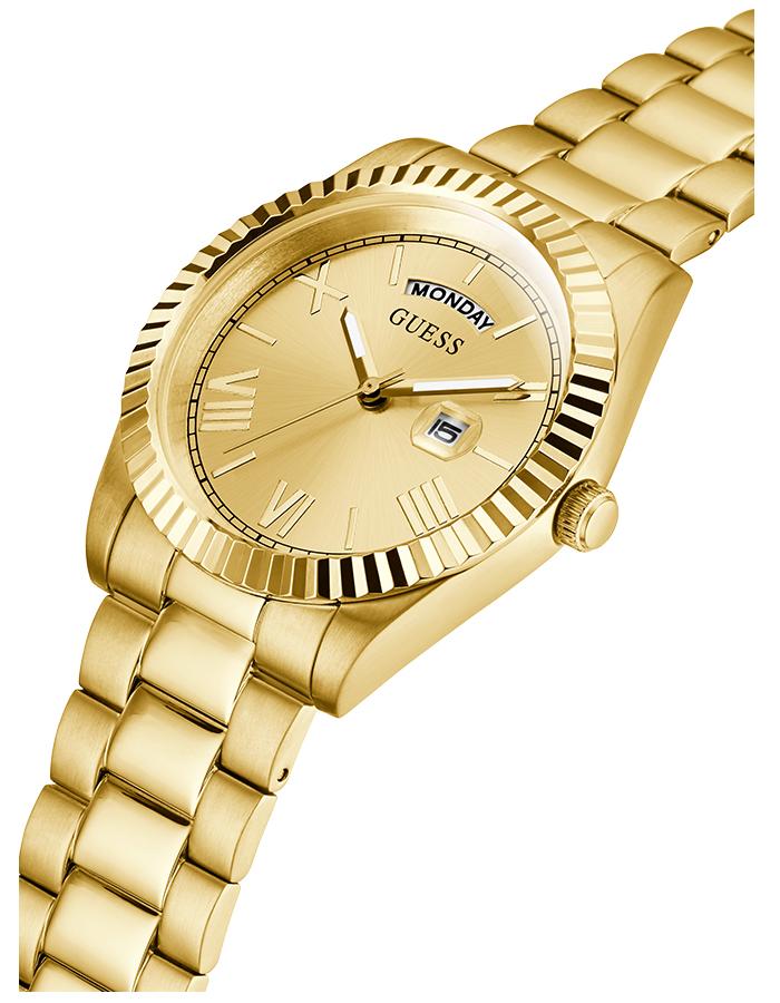 Guess Connoisseur gold watch angled view showing dial detail and bracelet