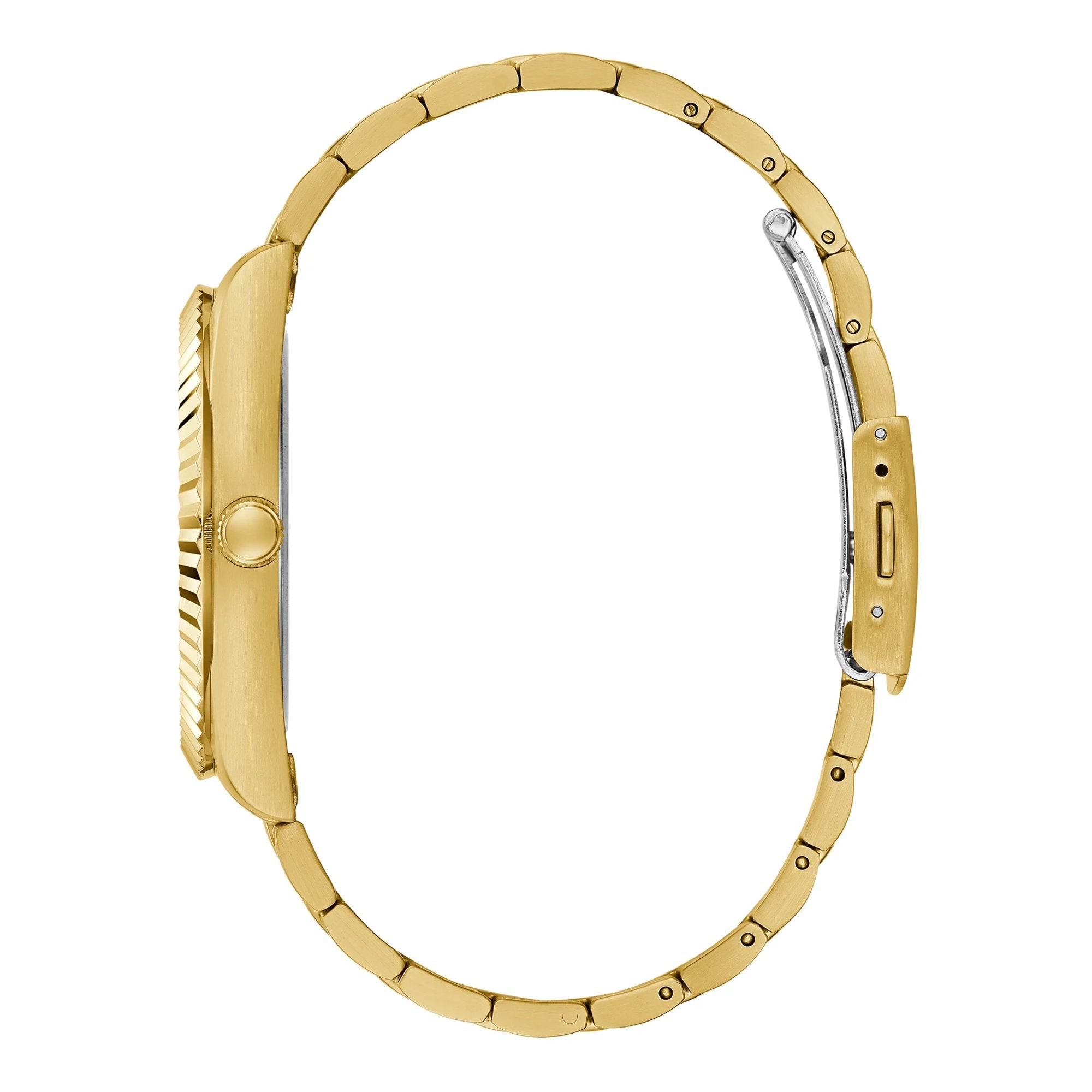 Guess Connoisseur gold tone watch bracelet and side view of case