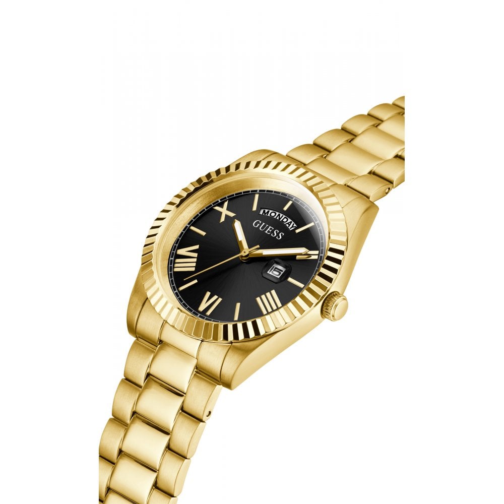 Guess Connoisseur gold tone watch angled view showing case and bracelet