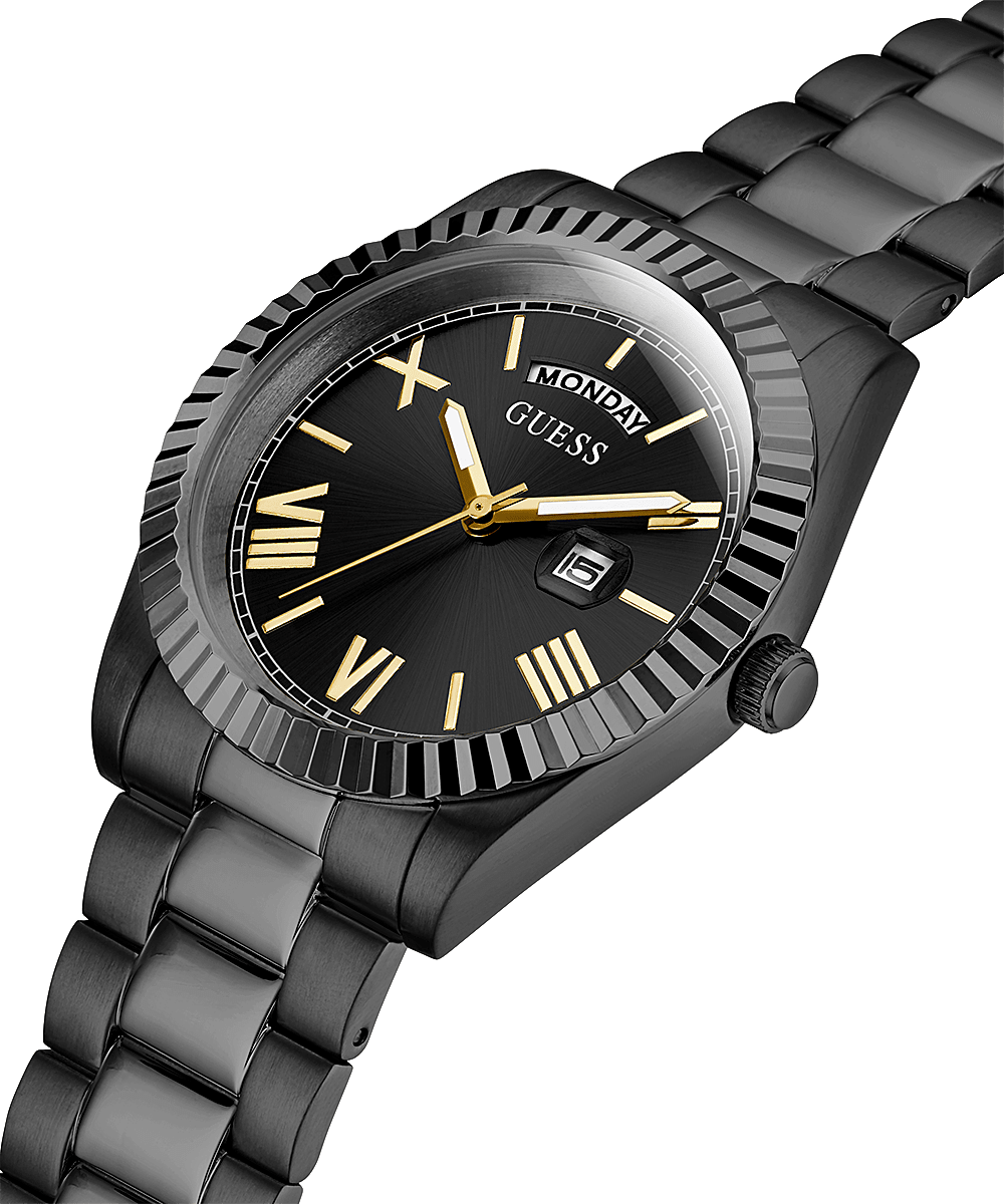Angled view of Guess Connoisseur all black watch showing dial and three-link bracelet