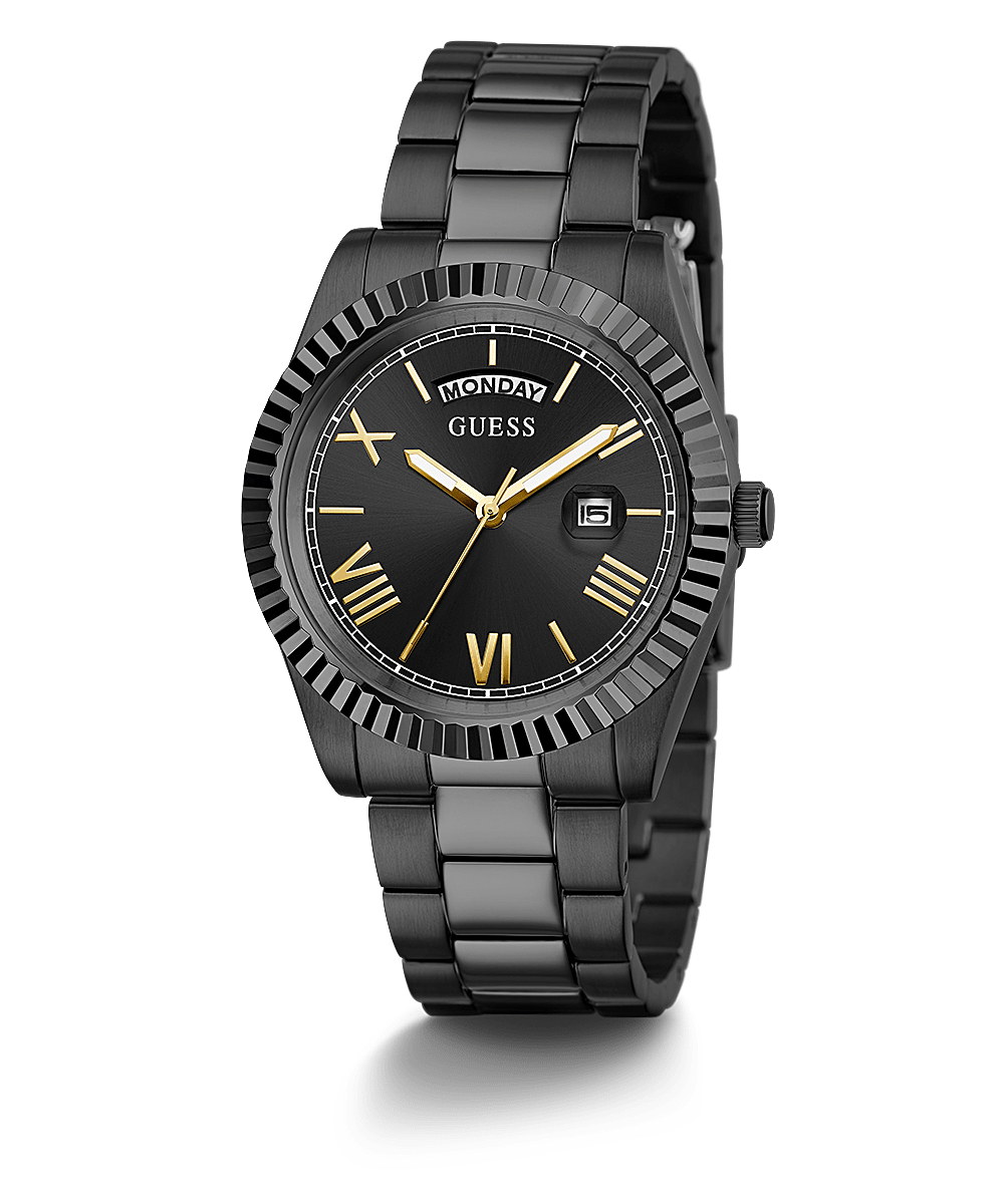 Guess Connoisseur all black men's watch with black dial and gold Roman numerals