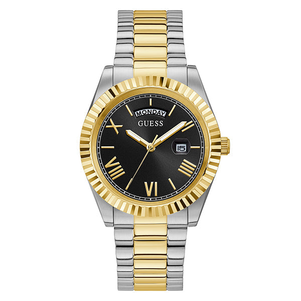 Guess Connoisseur two-tone stainless steel watch with black dial and Roman numerals