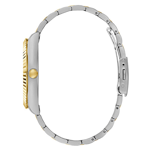 Side view of Guess Connoisseur two-tone watch showing silver and gold bracelet