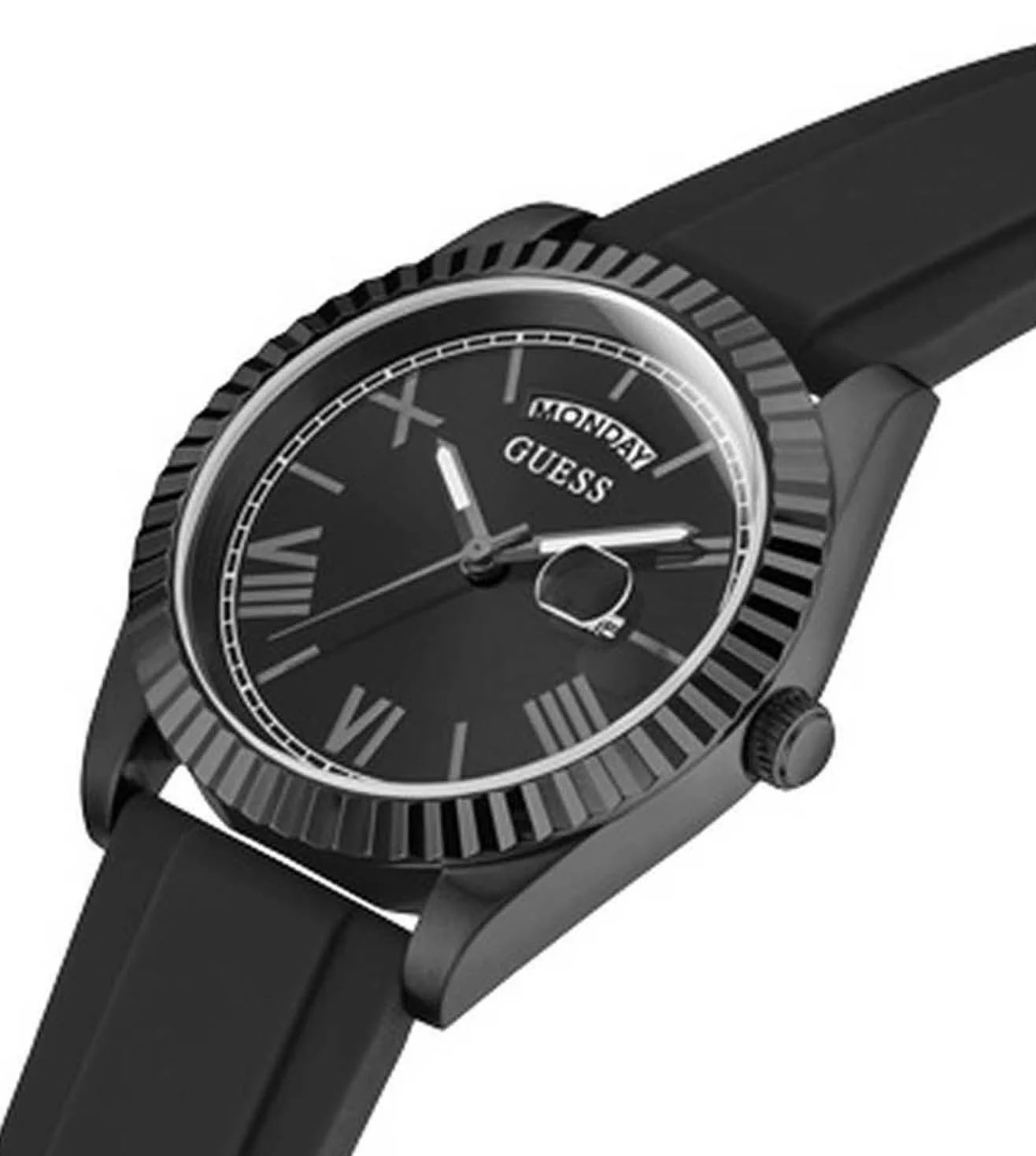 Guess Connoisseur watch angled view showing black case, fluted bezel, and black silicone strap