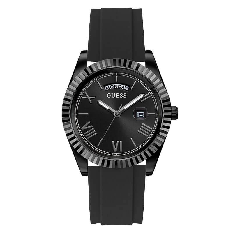 Guess Connoisseur black dial watch with Roman numerals, fluted bezel, and black silicone strap