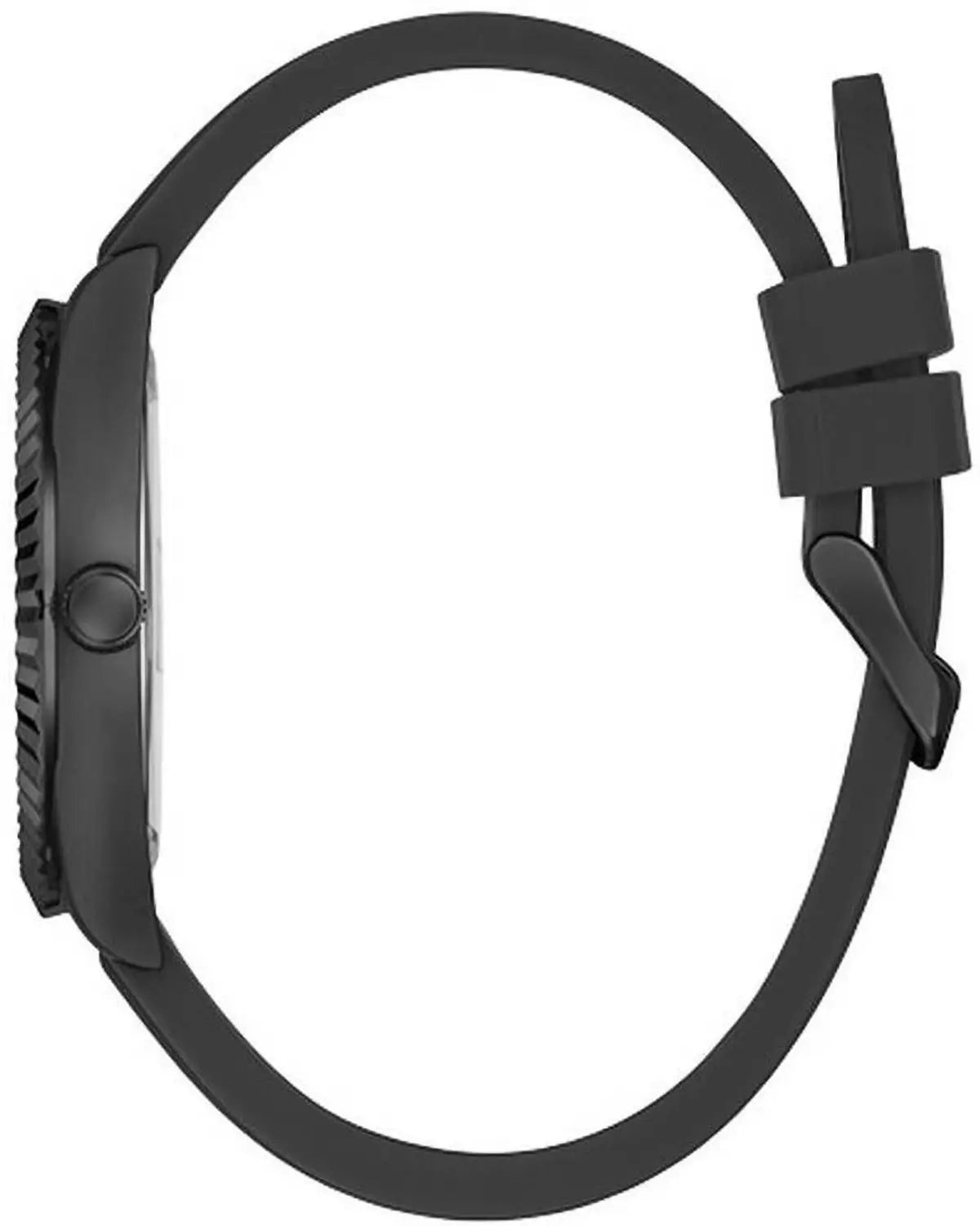 Guess Connoisseur watch side profile showing case thickness and black silicone strap