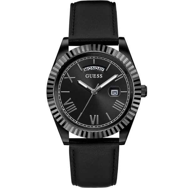 Guess Connoisseur black dial watch with day-date window, textured bezel, and black leather strap