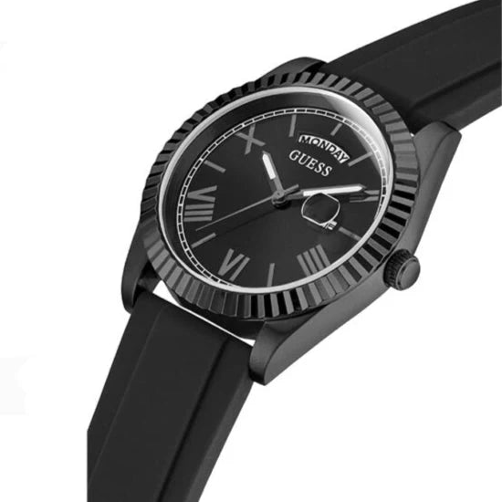 Guess Connoisseur watch on wrist angle showing black dial with Roman numerals and leather strap