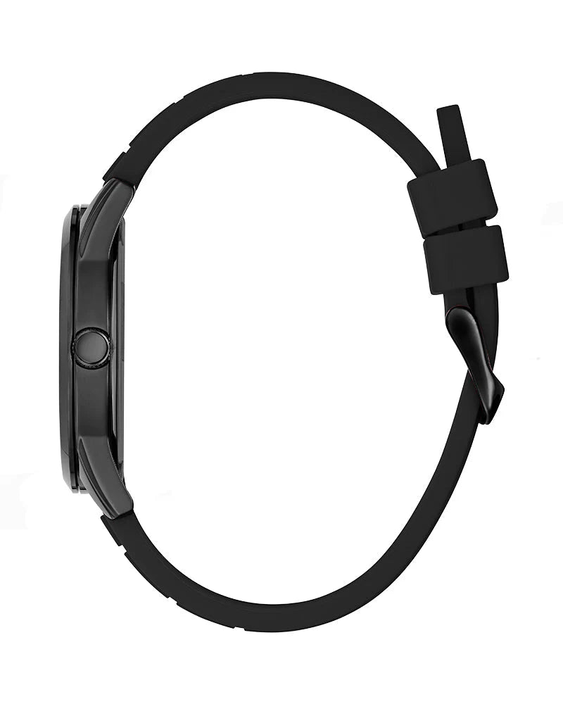 Side view of Guess Connoisseur watch showing case profile and black leather strap