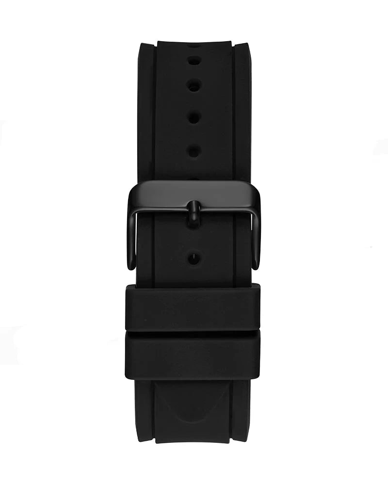 Black leather strap detail with buckle closure for Guess Connoisseur watch