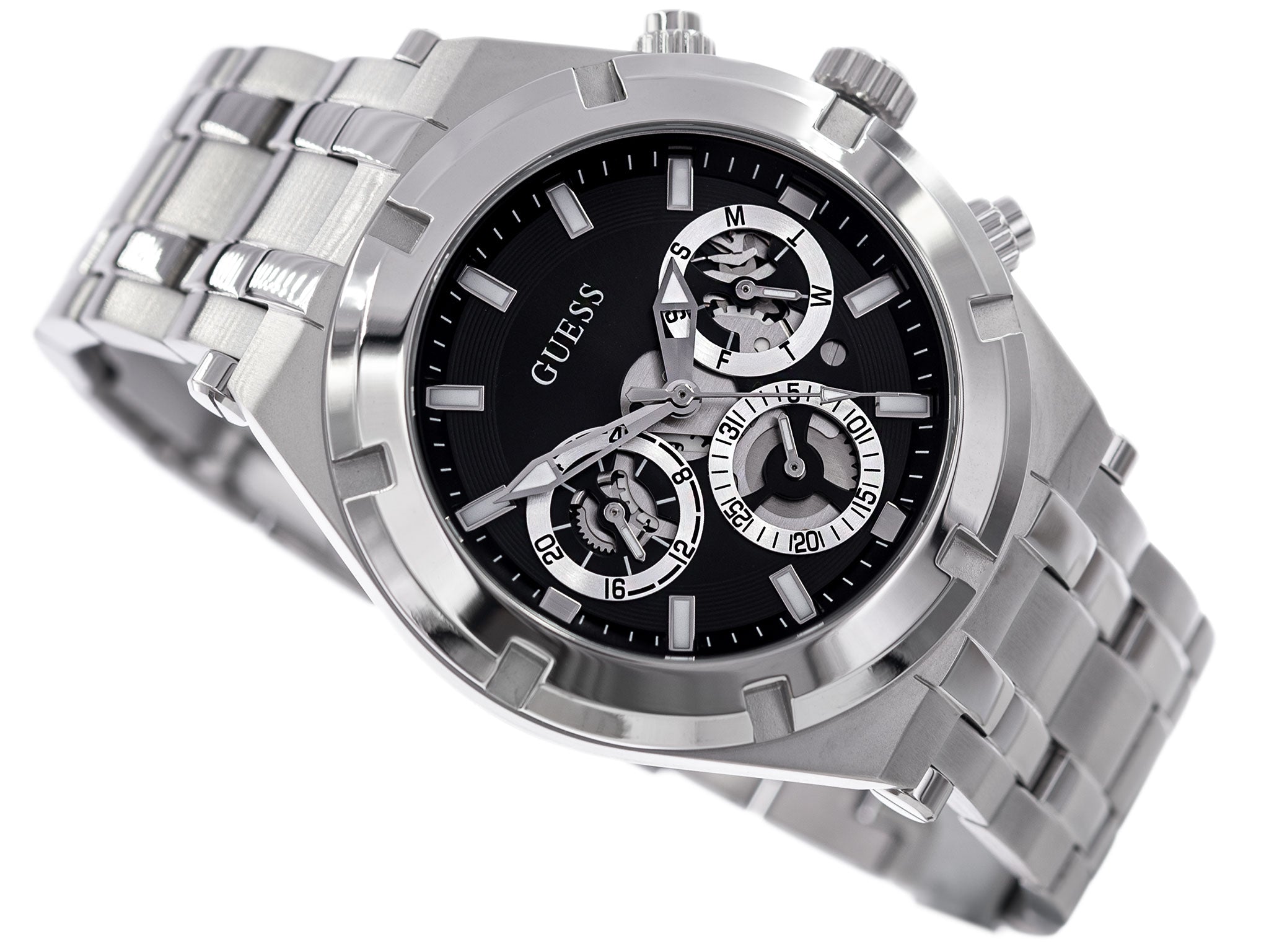Guess Continental silver tone chronograph watch shown at angle with metal bracelet