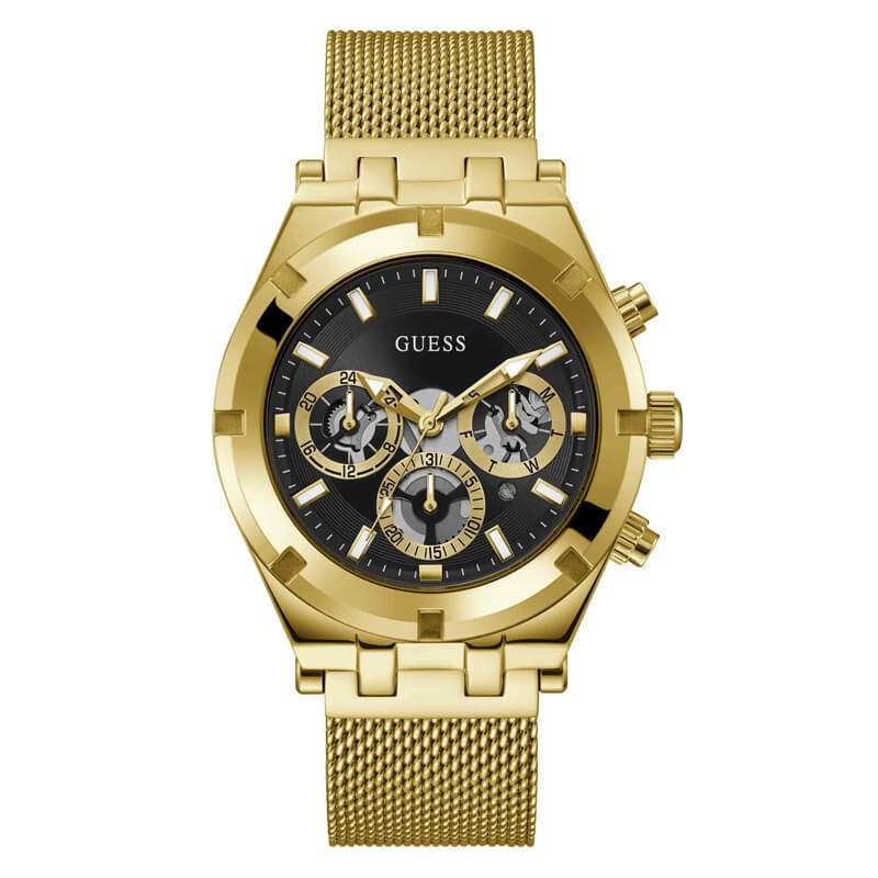 Guess Continental gold chronograph watch with black dial and gold mesh strap