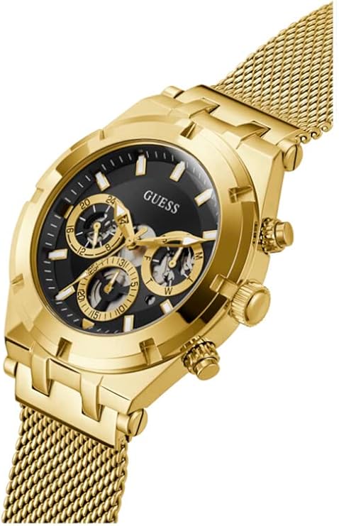 Guess Continental chronograph angled view showing gold case and mesh strap detail