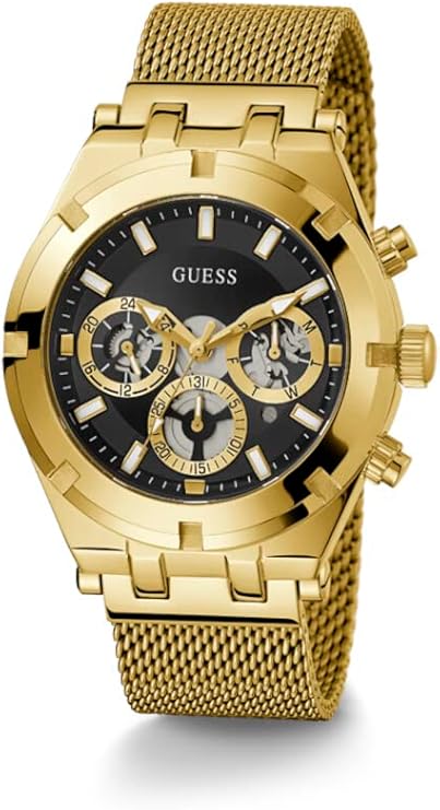Guess Continental chronograph gold watch with black dial, three subdials and mesh bracelet