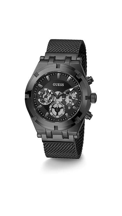GUESS Continental chronograph watch at angle showing black case and mesh strap