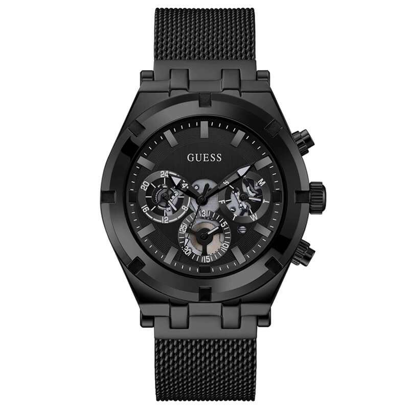 GUESS Continental chronograph men's watch with black dial, mesh strap, and visible chronograph subdials