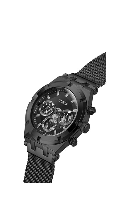 GUESS Continental chronograph watch worn on wrist showing full dial and black mesh strap