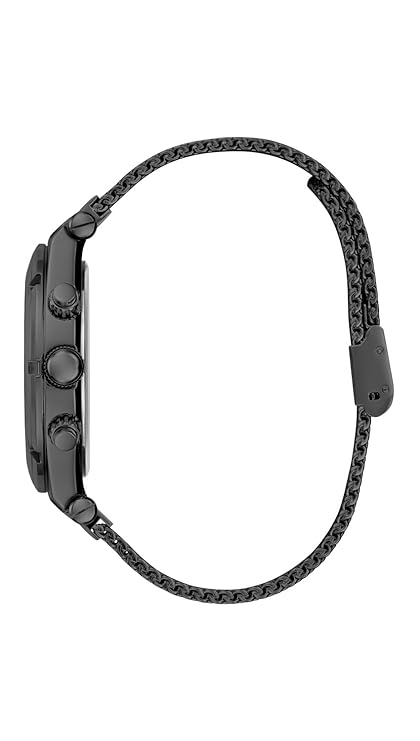 Side view of GUESS Continental watch showing case profile, pushers, and mesh strap