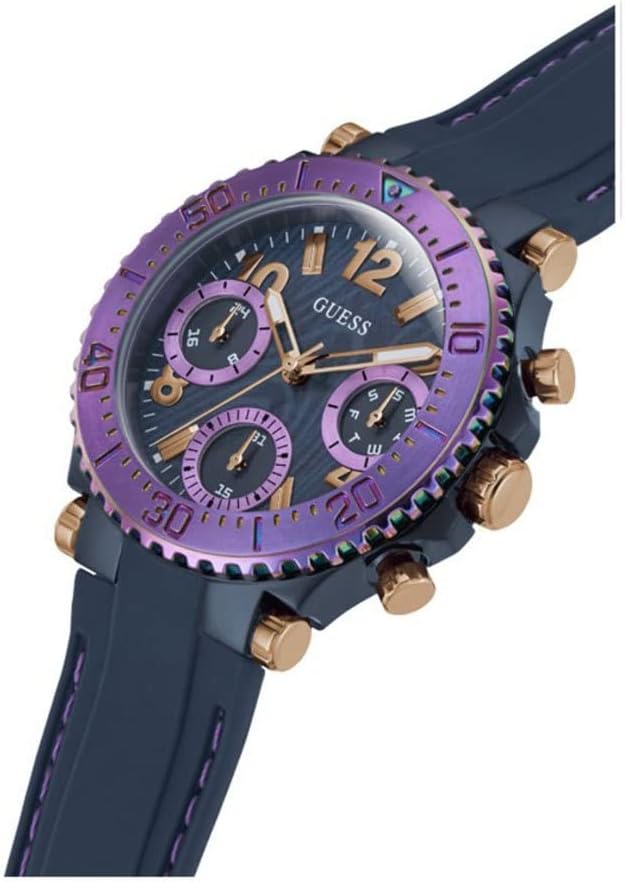 Guess Cosmic watch angled view displaying purple bezel, blue dial and rose gold pushers