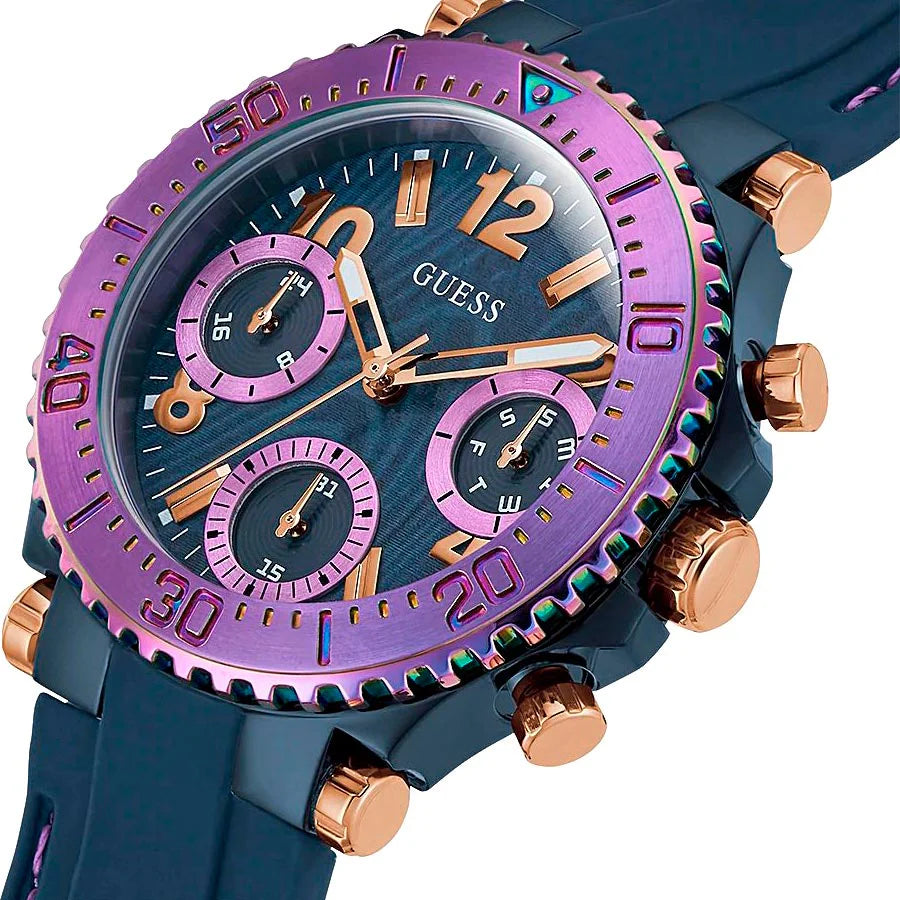 Guess Cosmic watch dial detail showing chronograph subdials, gold hands and purple bezel markings