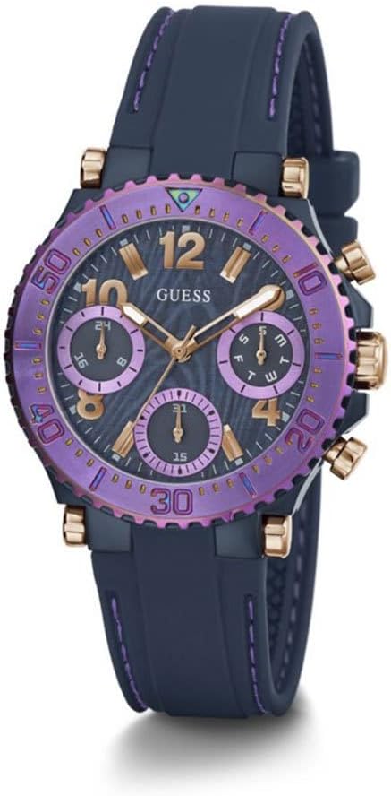 Guess Cosmic multifunction watch with purple rotating bezel and blue silicone strap