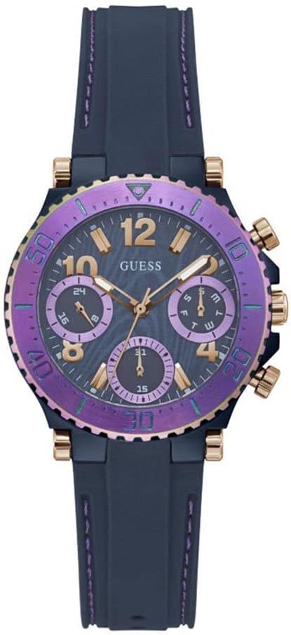 Guess Cosmic multifunction women's watch with purple bezel, blue dial and blue silicone strap
