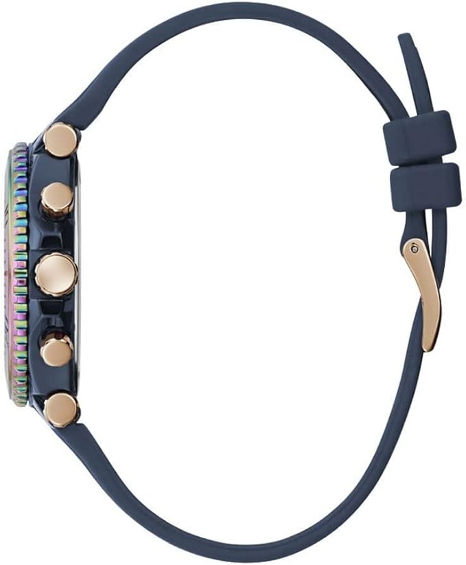 Guess Cosmic watch showing side profile with blue silicone strap and rose gold hardware