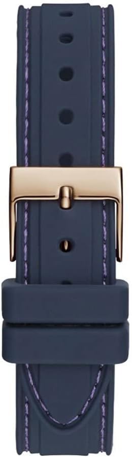 Guess Cosmic watch strap detail showing blue silicone band with rose gold buckle