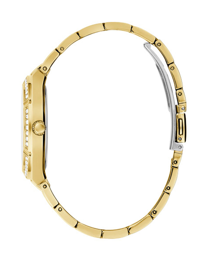 Guess Cosmo gold tone watch side profile showing crystal-set bezel and bracelet