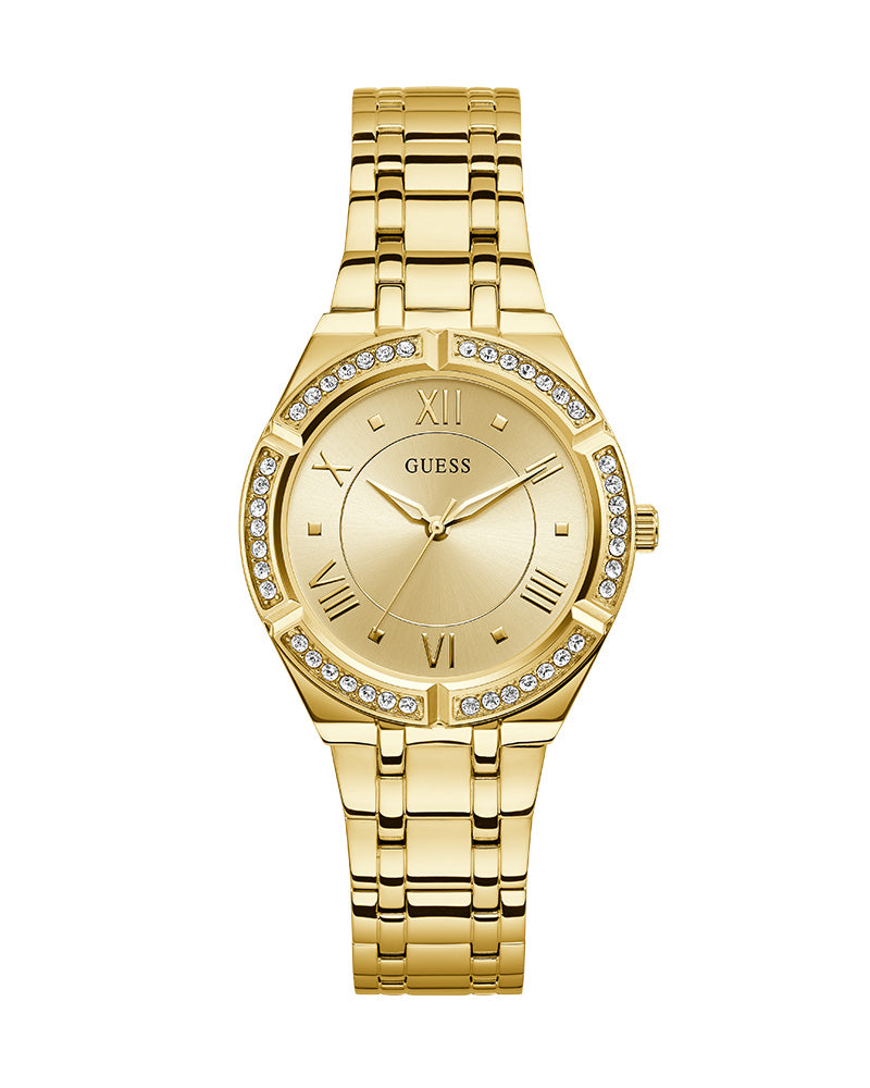 Guess Cosmo gold tone women's watch with crystal bezel and Roman numeral dial