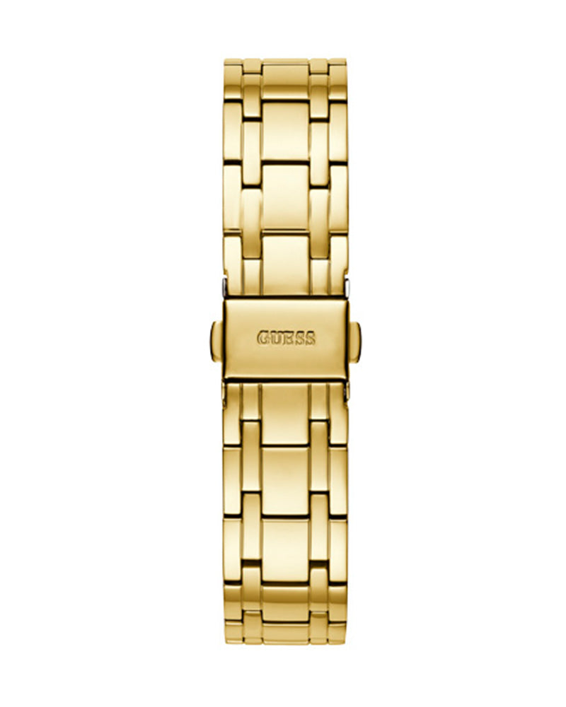 Gold tone metal link bracelet strap with GUESS branding on clasp