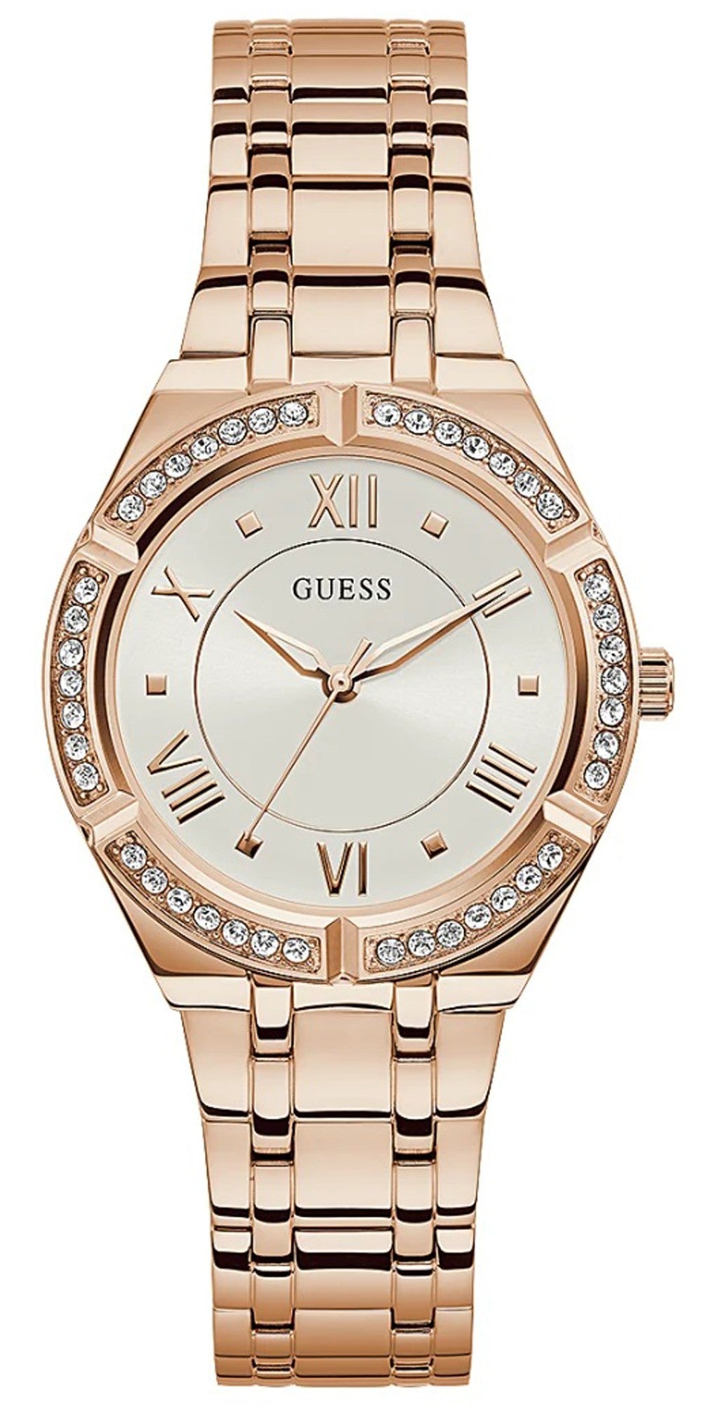 Guess Rose Gold Cosmo women's watch with rose gold-plated case, crystal bezel, white dial with Roman numerals