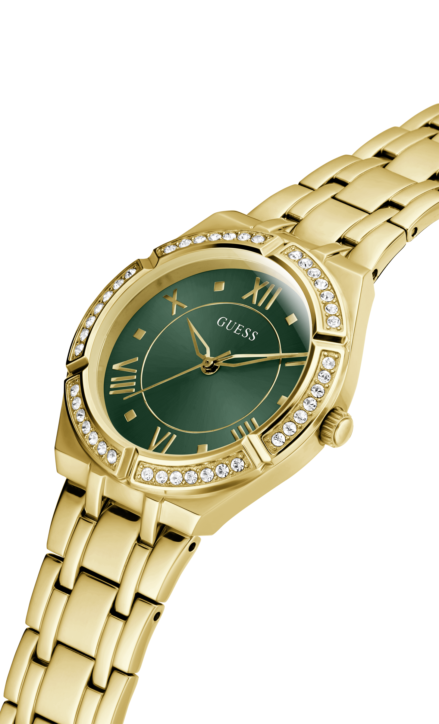 Guess Cosmo women's watch side angle view showing gold-tone bracelet and crystal-set bezel