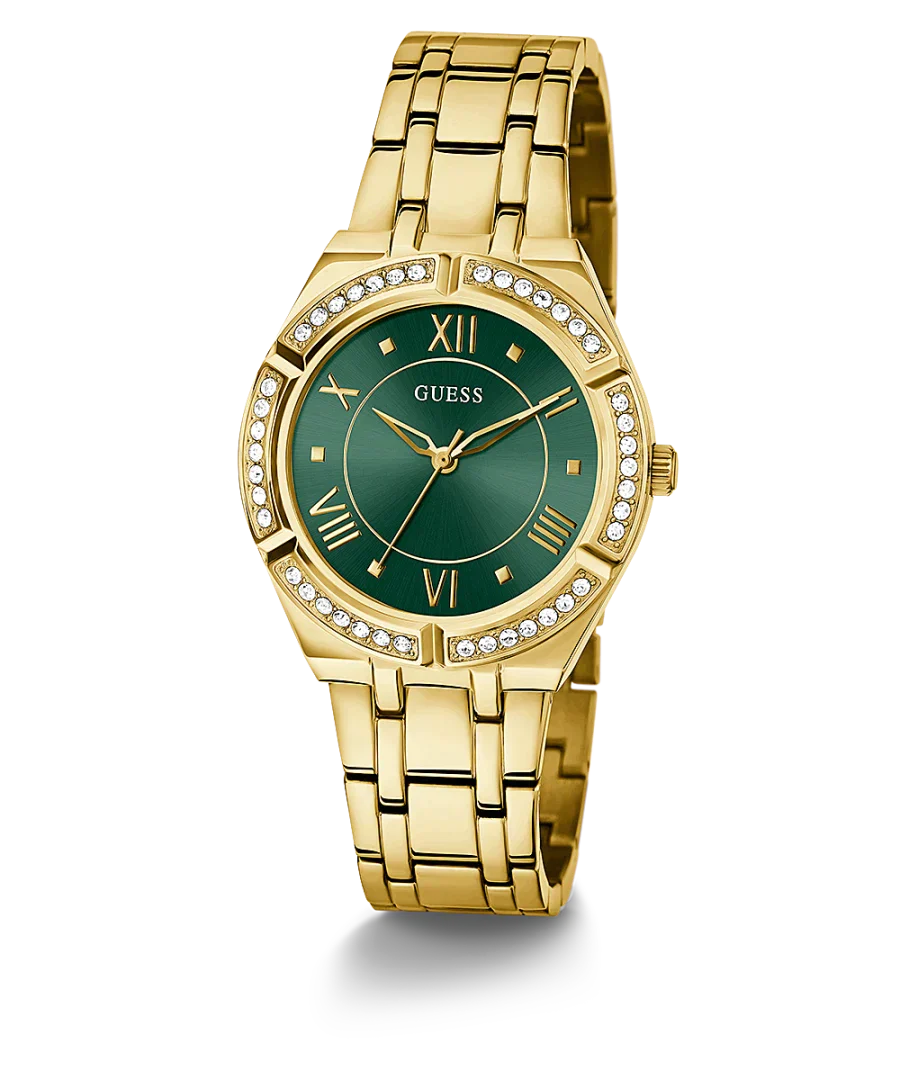 Guess Cosmo women's watch with green dial, Roman numerals, gold-tone case and bracelet with crystal bezel