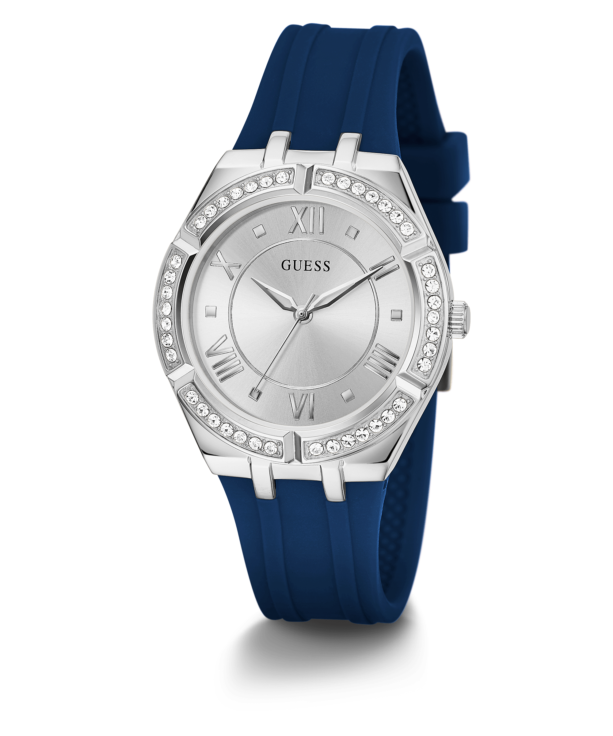 Guess Cosmo women's watch with silver-tone case, crystal bezel, and blue rubber strap
